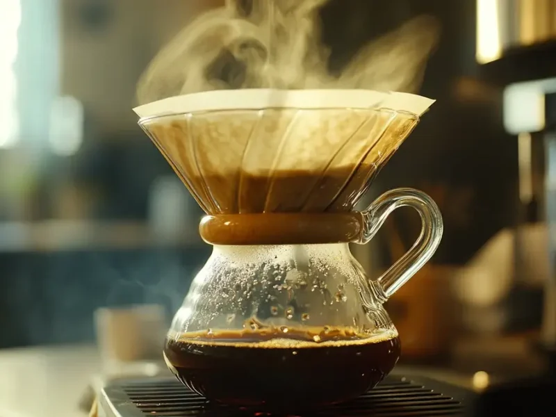 Cafetera de pour over goteando café de filtro sobre una jarra