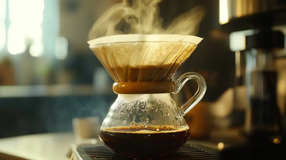 Cafetera de pour over goteando café de filtro sobre una jarra