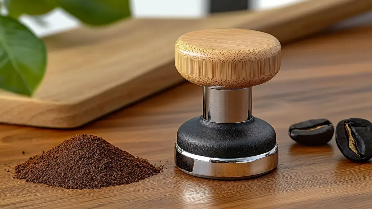 Tamper de café sobre una tabla de madera junto a un montón de café molido
