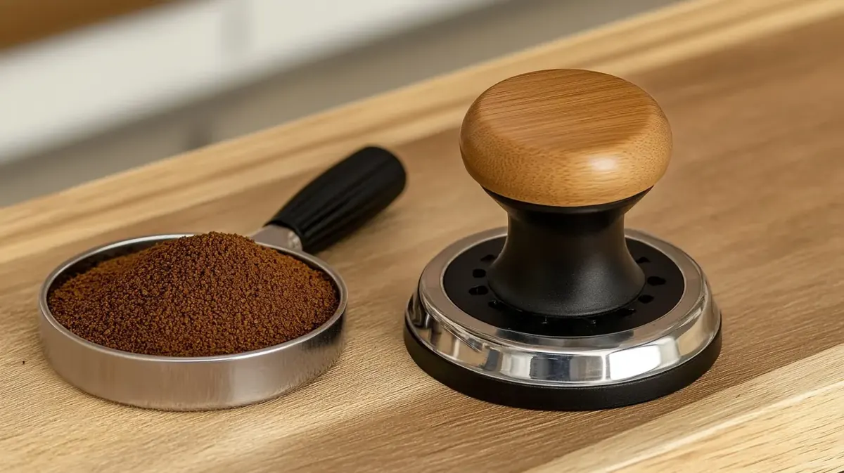 Portafiltro con café molido junto a un tamper de café sobre una superficie de madera